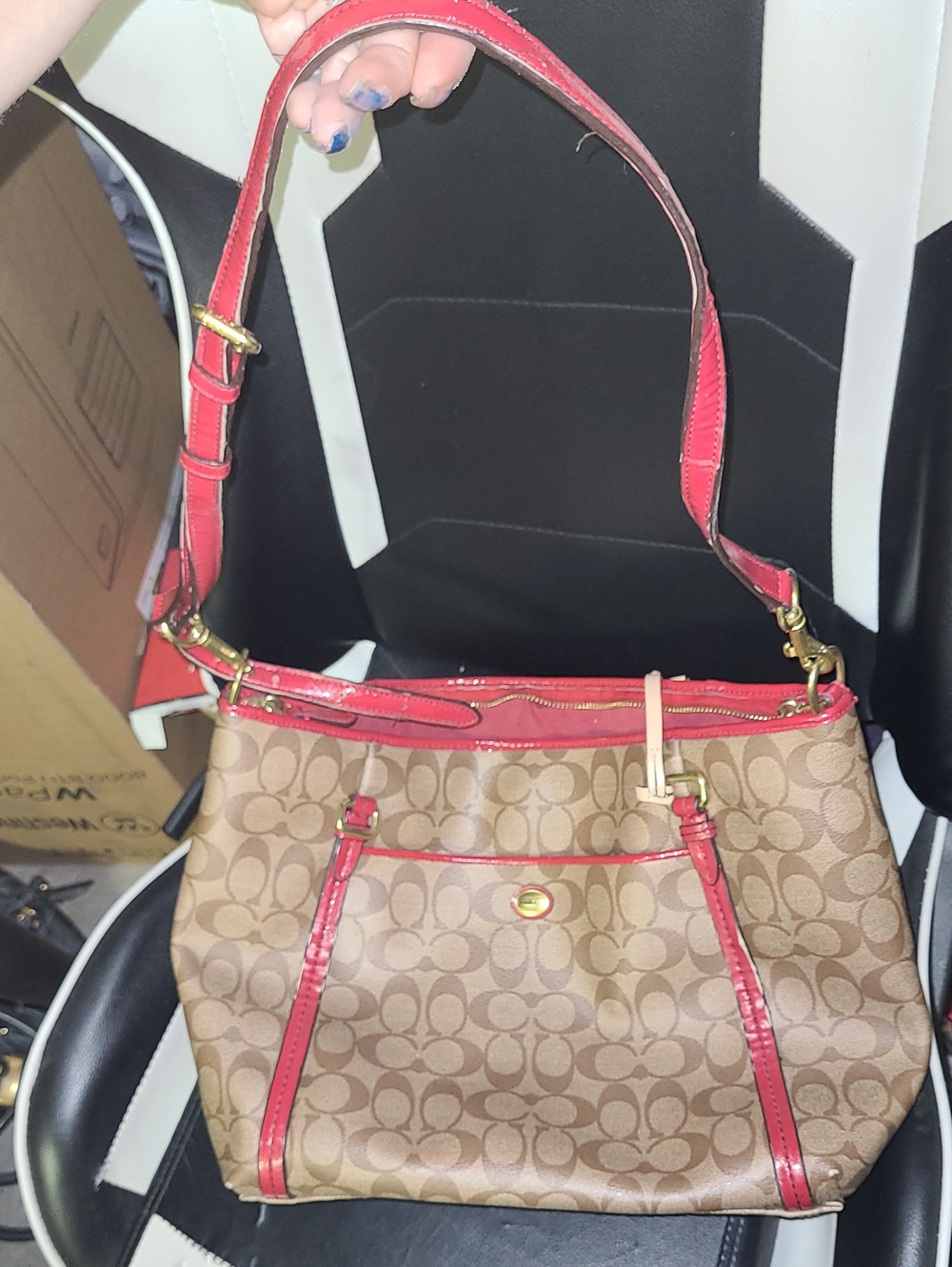 Coach Brown Signature Canvas Shoulder Bag with Red Trim and Strap